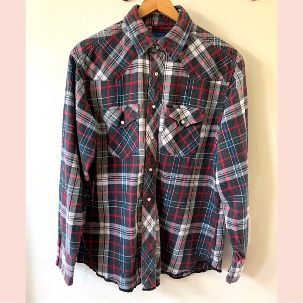Vintage 1980s Wrangler Western Shirts Pearl Snap Charcoal Plaid Flannel